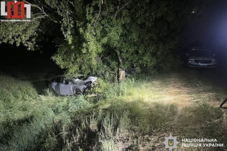 Нічна ДТП на Золотоніщині: автомобіль злетів у кювет і врізався в дерево, двоє людей у лікарні